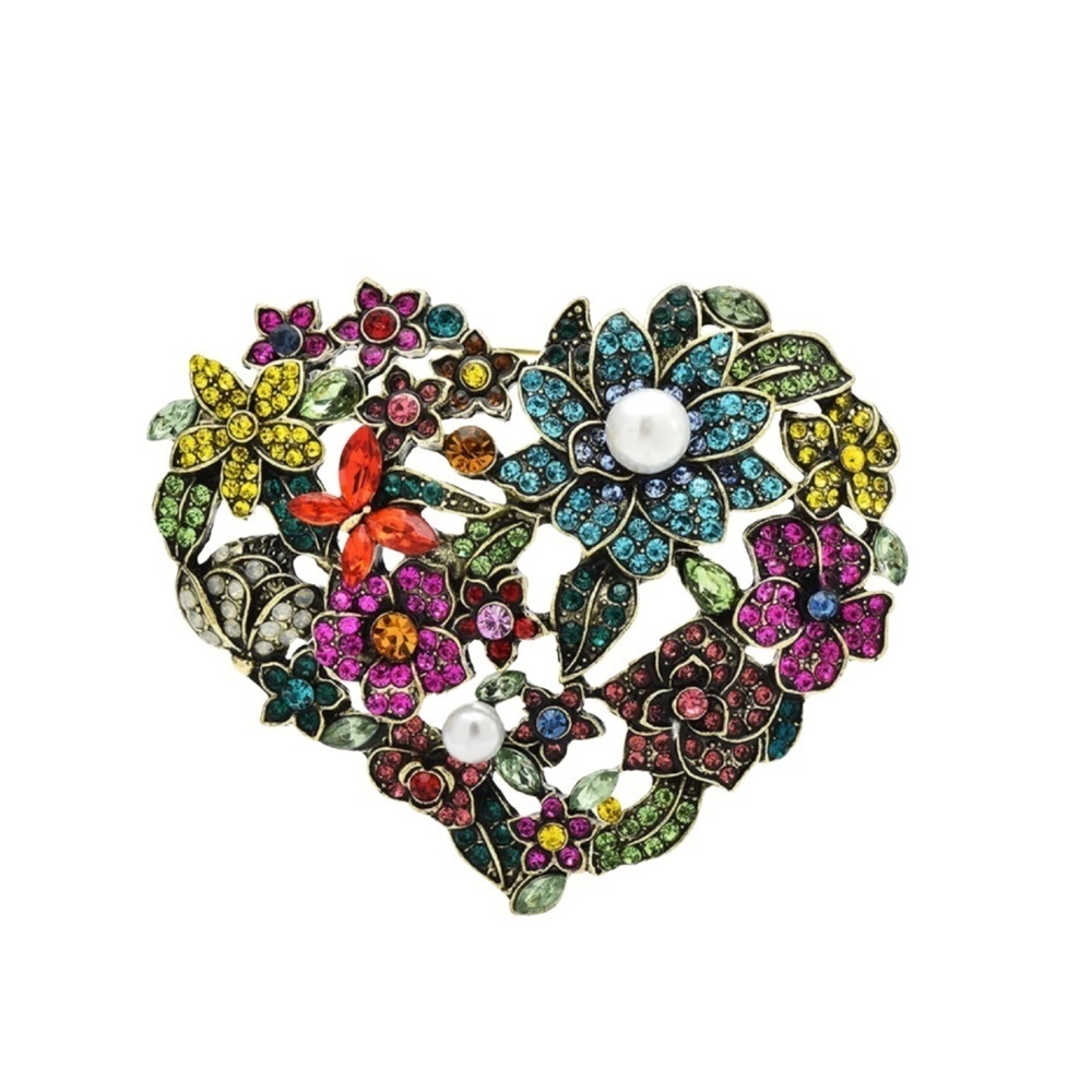 Bold Heart Floral Brooch with Colorful Crystals & Pearls – Statement Pin – 7.1cm